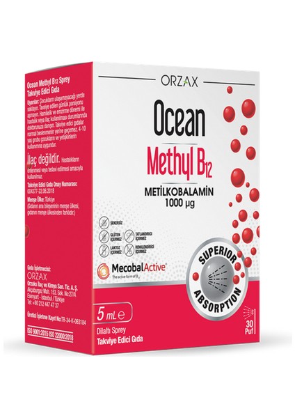 Orzax 1000 Mg Methyl Cobalamin B12 Sprey 5 ml - Dezenfektan Hediyeli (%72 Alkol)