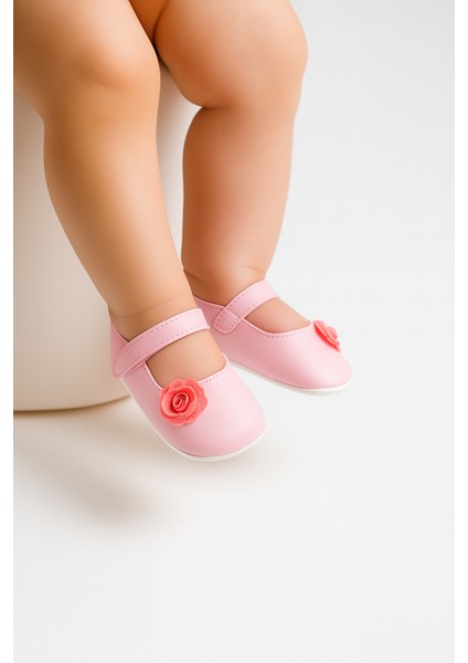 Çiçek Detaylı Kız Bebek Babet Ayakkabı Pembe 18 Numara