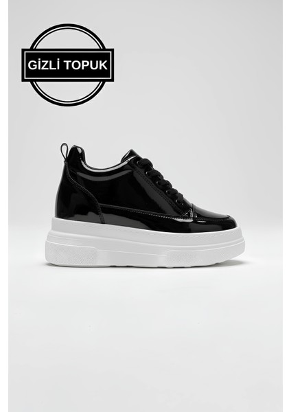 Alexis Premium 8 cm Gizli Topuk Rugan Siyah Beyaz Kadın Spor Ayakkabı