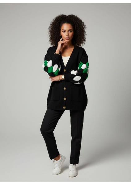 Kollarda Yuvarlak Renk Desenli Oversize Kadın Triko Hırka