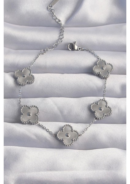 Bfs 316L Çelik Gümüş Renk Motifli Yonca Bileklik