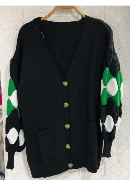 Kollarda Yuvarlak Renk Desenli Oversize Kadın Triko Hırka fiyatları