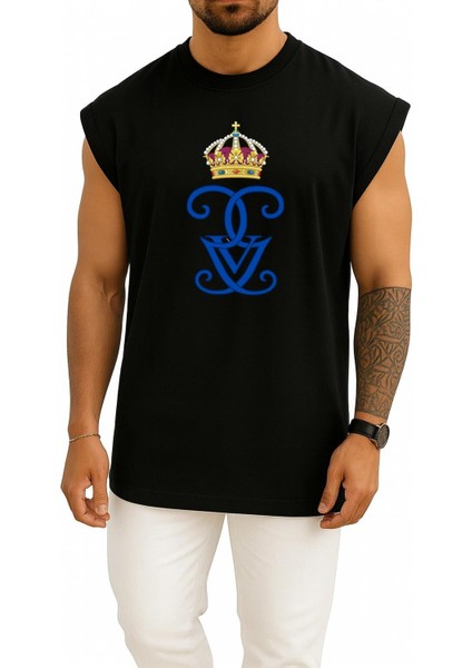 Oversize Isveçli Gustaf V Royal Cypher Monogram Monarch Göğüs Baskılı Atlet
