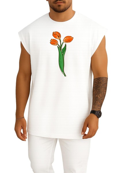 Oversize Hollanda Lale Göğüs Baskılı Atlet