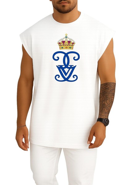 Oversize Isveçli Gustaf V Royal Cypher Monogram Monarch Göğüs Baskılı Atlet