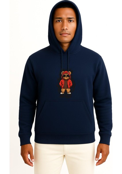Kapüşonlu Şapkalı Graffiti Teddy Bear Göğüs Baskılı Unisex Sweatshirt