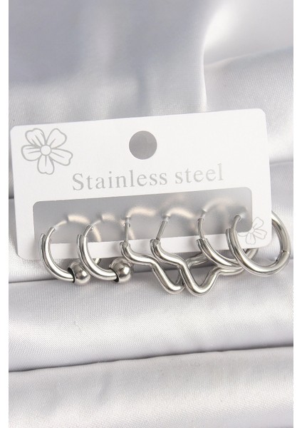 Bfs 316L Çelik Gümüş Renk Halka Yıldız Model Kadın Küpe Seti