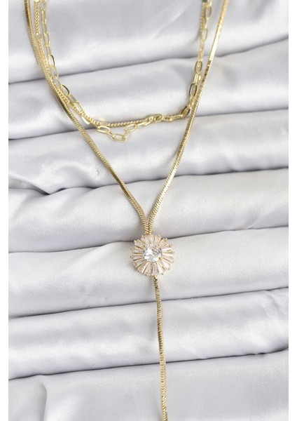 Pirinç Gold Renk Zirkon Taşlı Papatya Model Detaylı 3'lü Kombin Y Kadın Kolye - TJ-BKO10696