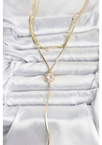 Pirinç Gold Renk Zirkon Taşlı Papatya Model Detaylı 3'lü Kombin Y Kadın Kolye - TJ-BKO10696 fiyatları