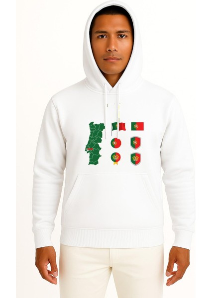 Kapüşonlu Portekiz Haritası ve Bayrağı Göğüs Baskılı Unisex Sweatshirt