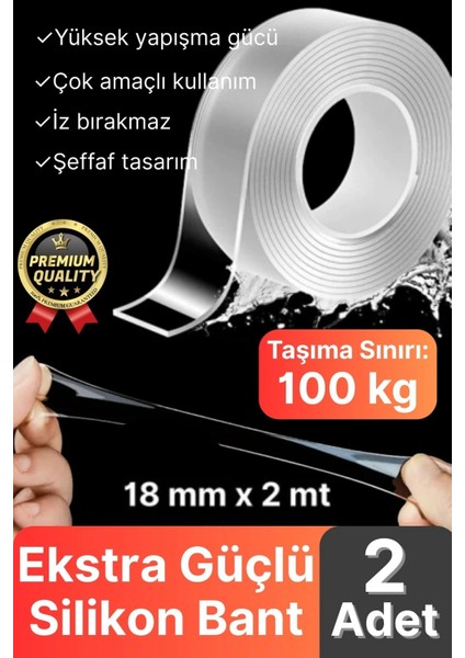2 Adet Çok Amaçlı Çift Taraflı Iz Bırakmaz Tamir Montaj Bandı Şeffaf Güçlü Silikon Bant 18 mm x 2 mt