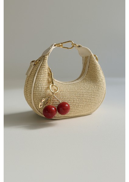 Kiraz Charm Çanta Süsü & Aksesuarı, Altın Gold Renk Simli Cherry, Reçine Taşlı Çanta Anahtarlık