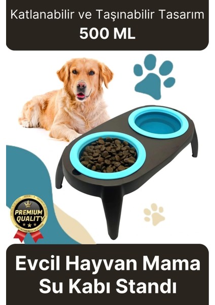 Yeni Seri Ayarlanabilir Ergonomik Portatif Katlanabilir Ikili Kedi Köpek Mama Su Kabı Standı 500 ml