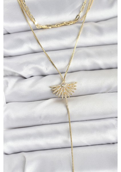 Pirinç Gold Renk Zirkon Taşlı Yelpaze Model Detaylı 3'lü Kombin Y Kadın Kolye - TJ-BKO10695