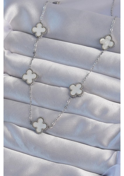 Bfs 316L Çelik Gümüş Renk Beyaz Sedefli Yonca Kolye