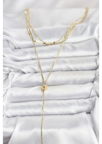 Pirinç Gold Renk Düğüm Model Detaylı 3'lü Kombin Y Kadın Kolye - TJ-BKO10693 fiyatları