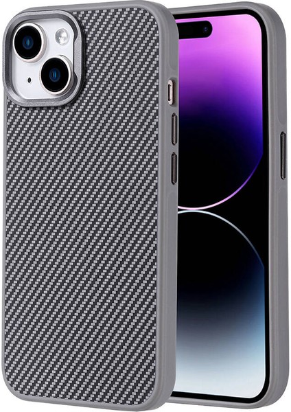 Apple iPhone 14 Kılıf Magsafe Şarj Özellikli Karbon Fiber Görünümlü Brvh Troy Kapak-Gümüş