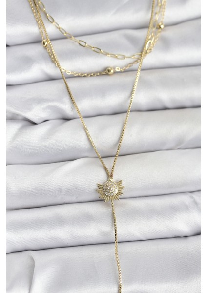 Pirinç Gold Renk Zirkon Taşlı Güneş Model Detaylı 3'lü Kombin Y Kadın Kolye - TJ-BKO10698