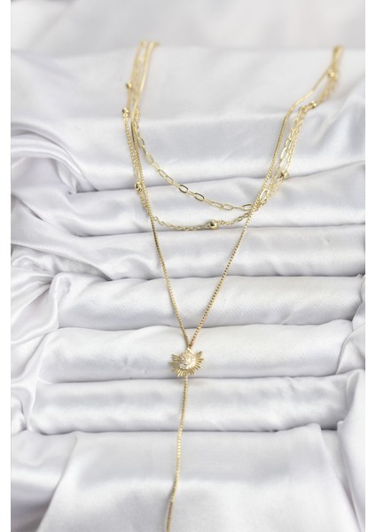 Pirinç Gold Renk Zirkon Taşlı Güneş Model Detaylı 3'lü Kombin Y Kadın Kolye - TJ-BKO10698 fiyatları