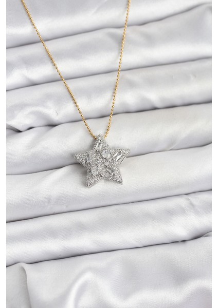316L Çelik Zincir Gold Renk Zincirli Gümüş Yıldız Model Kadın Kolye - TJ-BKO10680