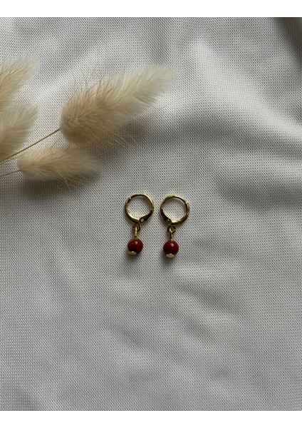 Kırmızı Jasper Taşı 24K Altın Kaplama Halka Küpe
