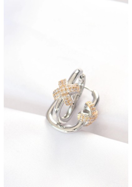 Bfs Pirinç Çift Renk Taşlı x Tasarımlı Dikdörtgen Küpe fiyatları