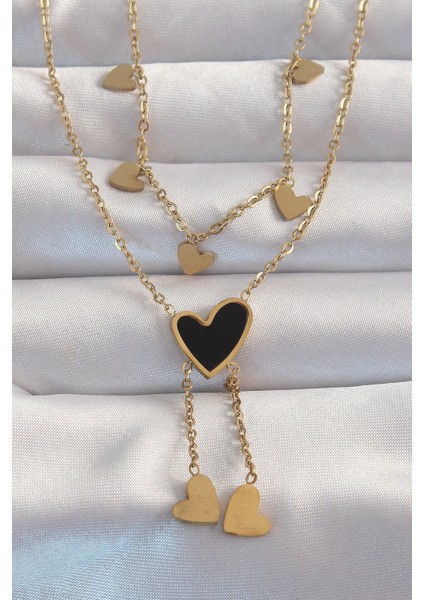 Bfs 316L Çelik Gold Renk Mineli Çoklu Kalp Kolye