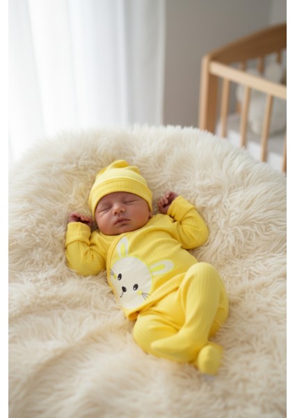 Sevimli Tavşan Detaylı %100 Pamuk Sarı Ribana Bebek Takımı