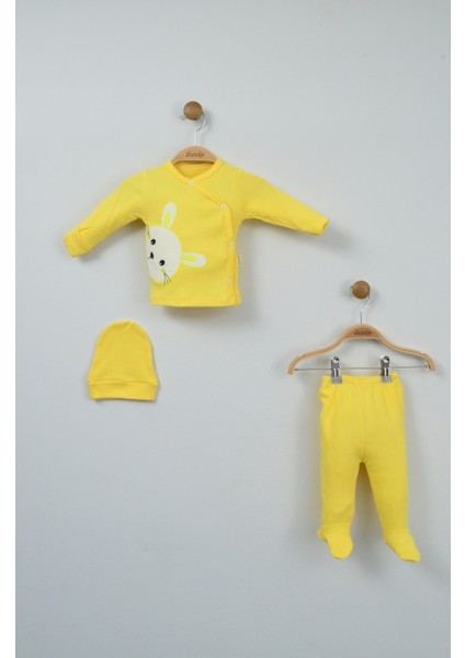 Sevimli Tavşan Detaylı %100 Pamuk Sarı Ribana Bebek Takımı modelleri