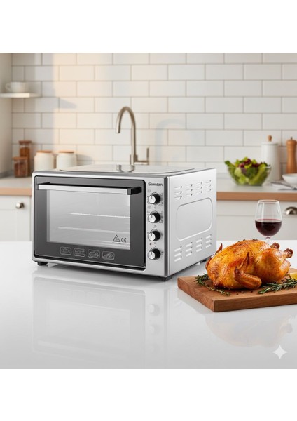 70 Lt. Çift Camli Zaman ve Isi Ayarli Fanli Lambali Midi Fırın beyaz renk