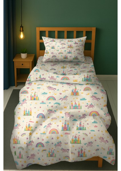 Hayal Şatosu Gökkuşağı Unicorn Tek Kişilik Çocuk Nevresim Seti