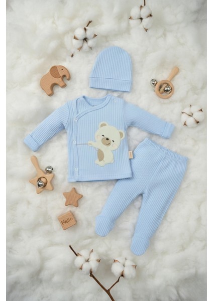 Sevimli Ayıcık Nakışlı %100 Pamuk Mavi Bebek Takımı fiyatları