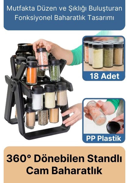 Özel Üretim Dayanıklı 360° Dönebilen Düzenleyici Standlı 18 Adet 100ML Cam Baharatlık 34X26X23 cm