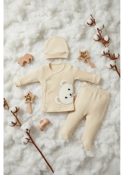 Sevimli Ayıcık Detaylı %100 Pamuk Ekru Ribana Bebek Takımı fiyatları