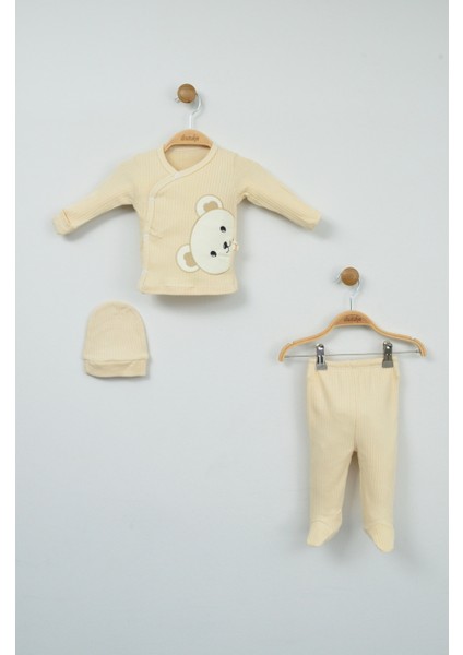 Sevimli Ayıcık Detaylı %100 Pamuk Ekru Ribana Bebek Takımı modelleri