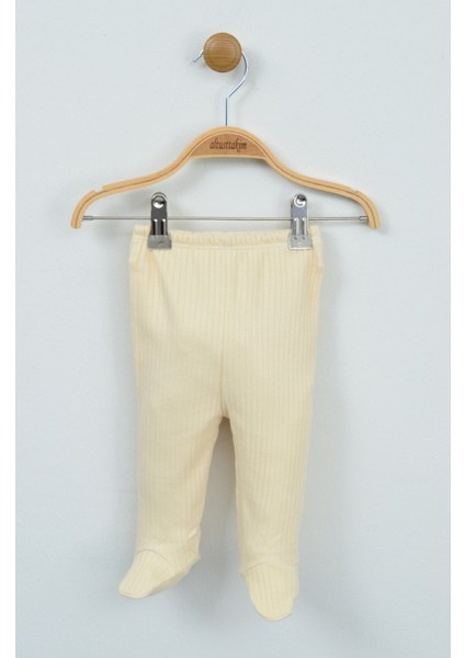 Sevimli Ayıcık Detaylı %100 Pamuk Ekru Ribana Bebek Takımı