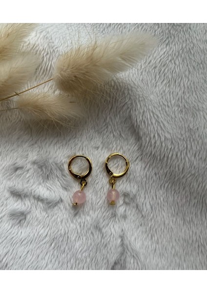 Pembe Kuvars Taşı 24K Altın Kaplama Halka Küpe