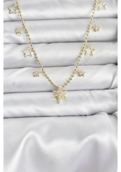 Bfs Pirinç Gold Renk Zirkon Taşlı Kutup Yıldızı Model Kadın Kolye