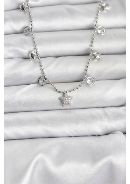 Bfs Pirinç Gümüş Renk Yıldız Model Kadın Kolye