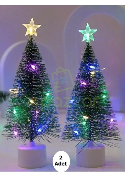 2 Adet 17 cm Pilli Rgb Işıklı Masaüstü Konsept Christmas Noel Yılbaşı Iğneli Karlı Çam Ağacı