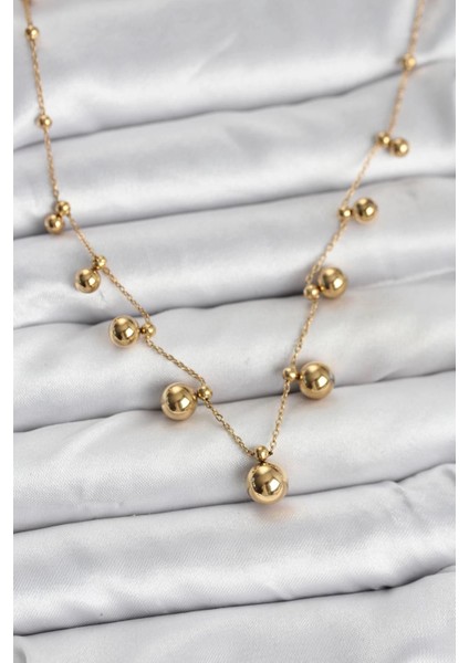 Bfs 316L Çelik Zincir Gold Renk Topçuklu Kolye