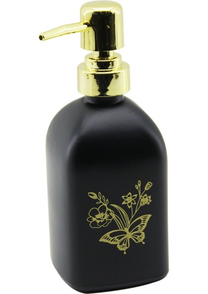 Cam Kare - Siyah Şişe--Sarı Kelebek-Çiçek Desen Sıvı Sabunluk 400ML Gold Plastik Pompa (5358)