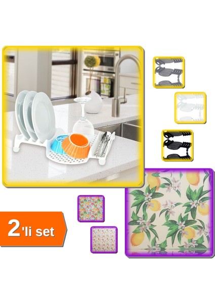 Multi Bulaşıklık Tabaklık Kurutmalık + Süper Emici Mikrofiber Bulaşık Altlığı - 2li Set D9Z9R6