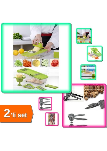 5 Başlıklı Hazneli Kaymaz Rende Jülyen Kesici Patates Rendesi + Metal Fındık Kıracağı - 2li Set W4G4