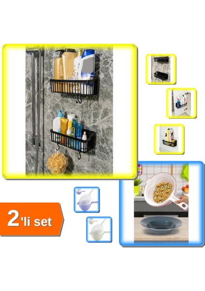 2 Adet Yapışkanlı Askılı Mutfak Rafı Düzenleyici + Çok Amaçlı Katlı Süzgeç - 2li Set J5M4W8