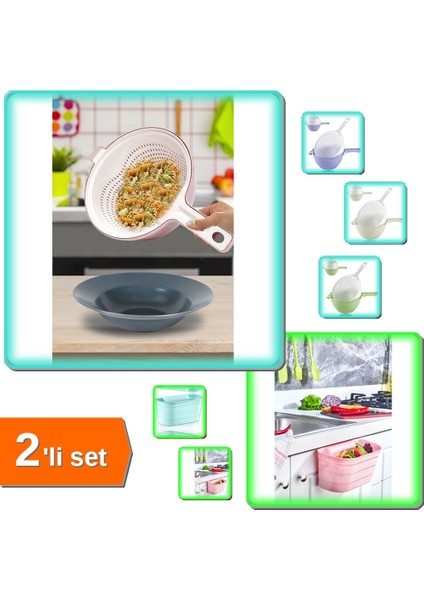 Çok Amaçlı Katlı Süzgeç + Dolap Kapağı Organizeri - Tezgah Çöp Kutusu - 2li Set H8U1V0