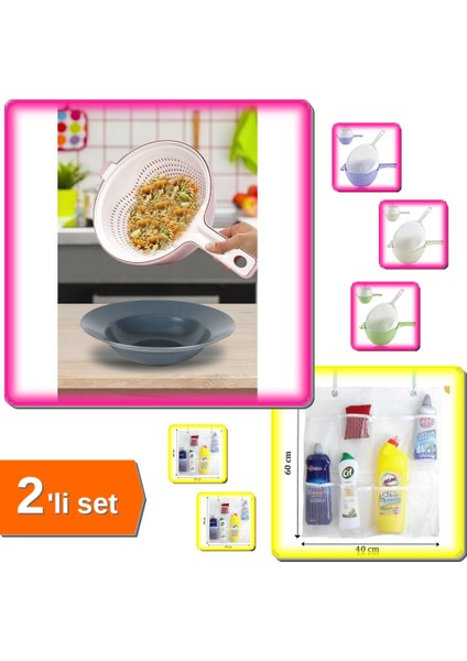 Çok Amaçlı Katlı Süzgeç + 8 Cepli Askılı Mutfak Düzenleyici - 2li Set C7M9T6