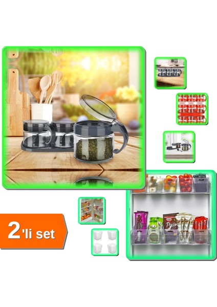 3 Adet Kaşıklı Cam Baharat Seti + 6'lı Mini Buzdolabı Içi Düzenleyici - 2li Set M4Z6A4