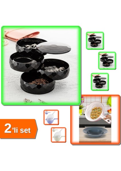 360 Derece Dönebilen 4 Katlı Takı Toka Küpe Organizer - Siyah + Çok Amaçlı Süzgeç - 2li Set U8F7R5