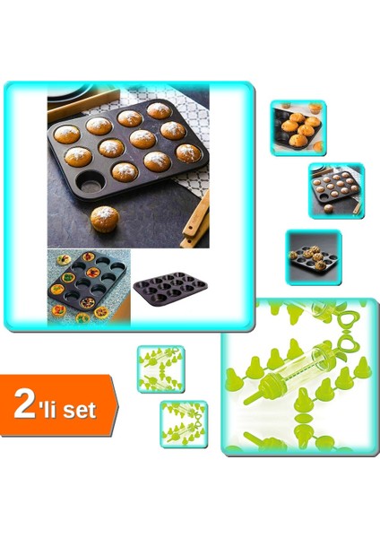 12 Bölmeli Metal Yapışmaz Muffin Kek Kalıbı + Krema Pompası 10 Parça - 2li Set M8U0G6